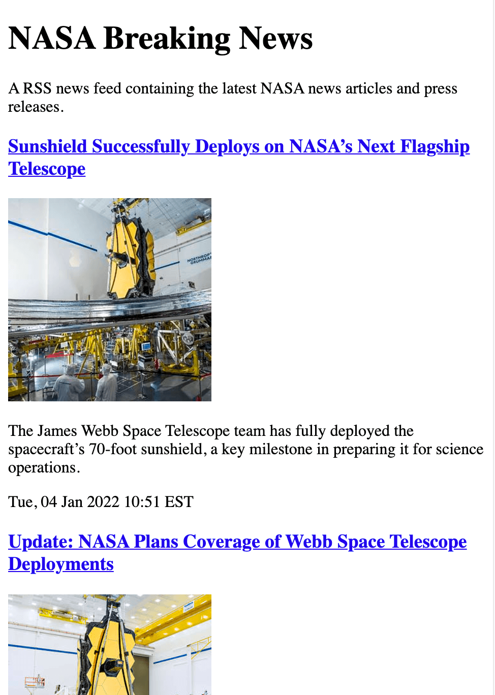 Image of a partial email, titled "NASA Breaking News". The email contains content from NASA's Breaking News RSS feed. Beneath the title is a description reading: "A RSS news feed containing the latest NASA news articles and press releases." Below are a series of recent news stories each with title, link, image, summary paragraph, and timestamp