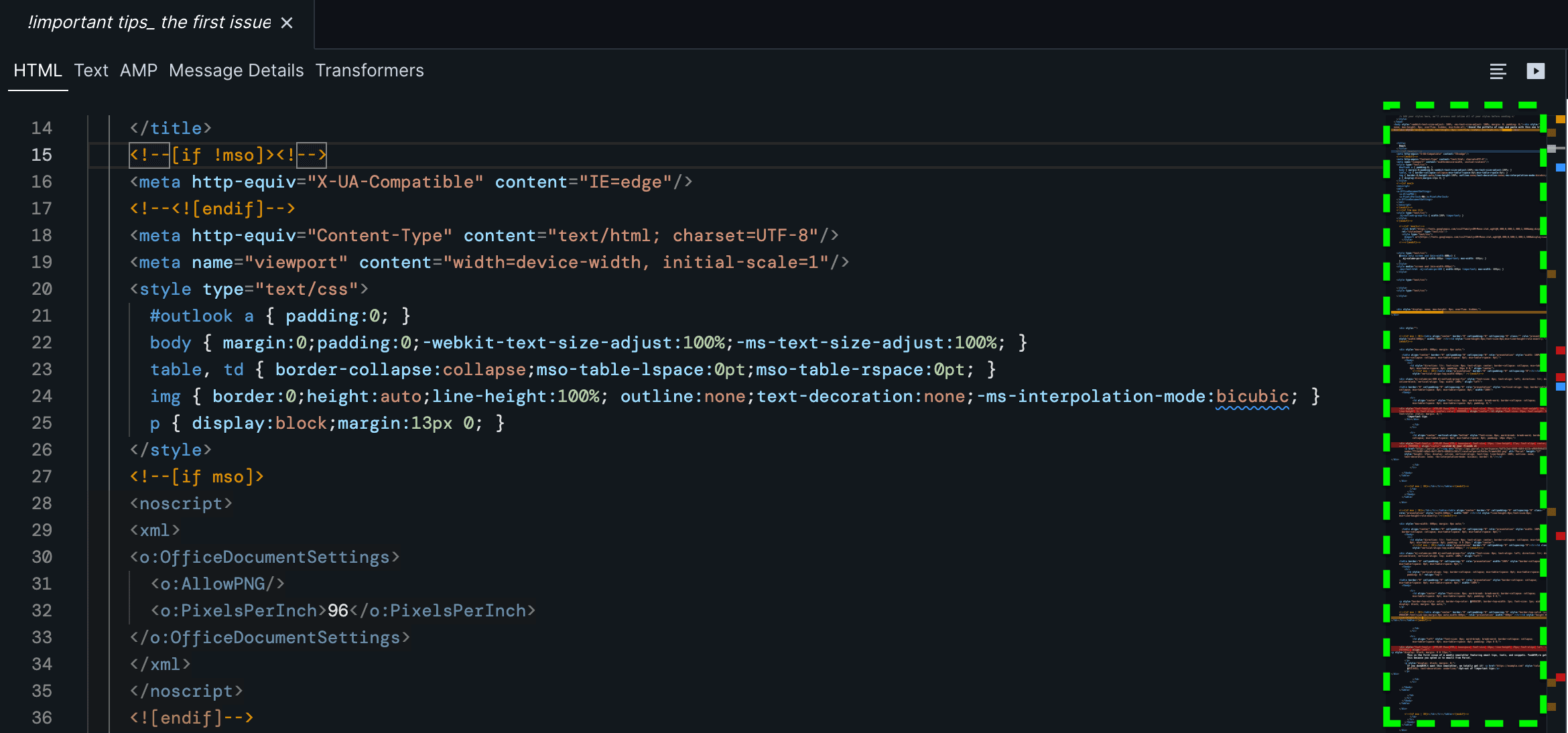 Image of the code editor, which contains many lines of HTML code. On the right side is the minimap - a miniature visualization of the full code content. The image has been annotated with a green box to accentuate the minimap.