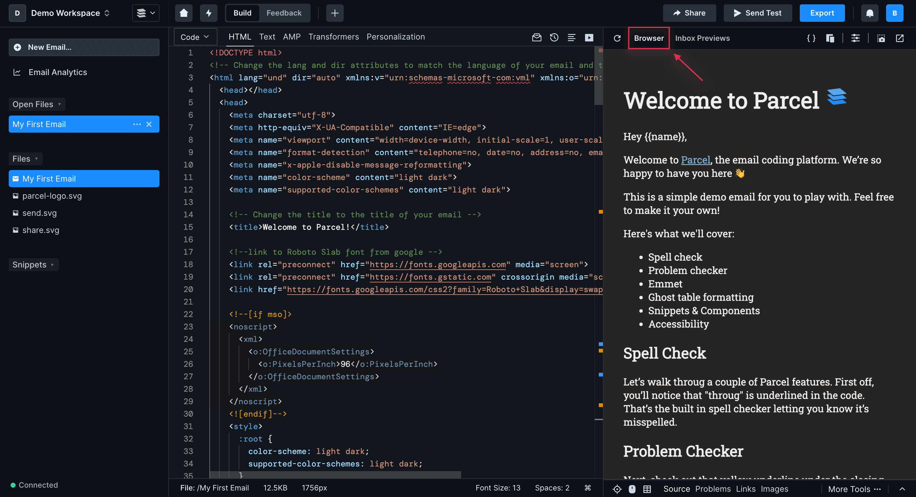 Screenshot of the Code Editor in the middle and the Browser preview open on the right. The Browser button is highlighted in red above the preview window.