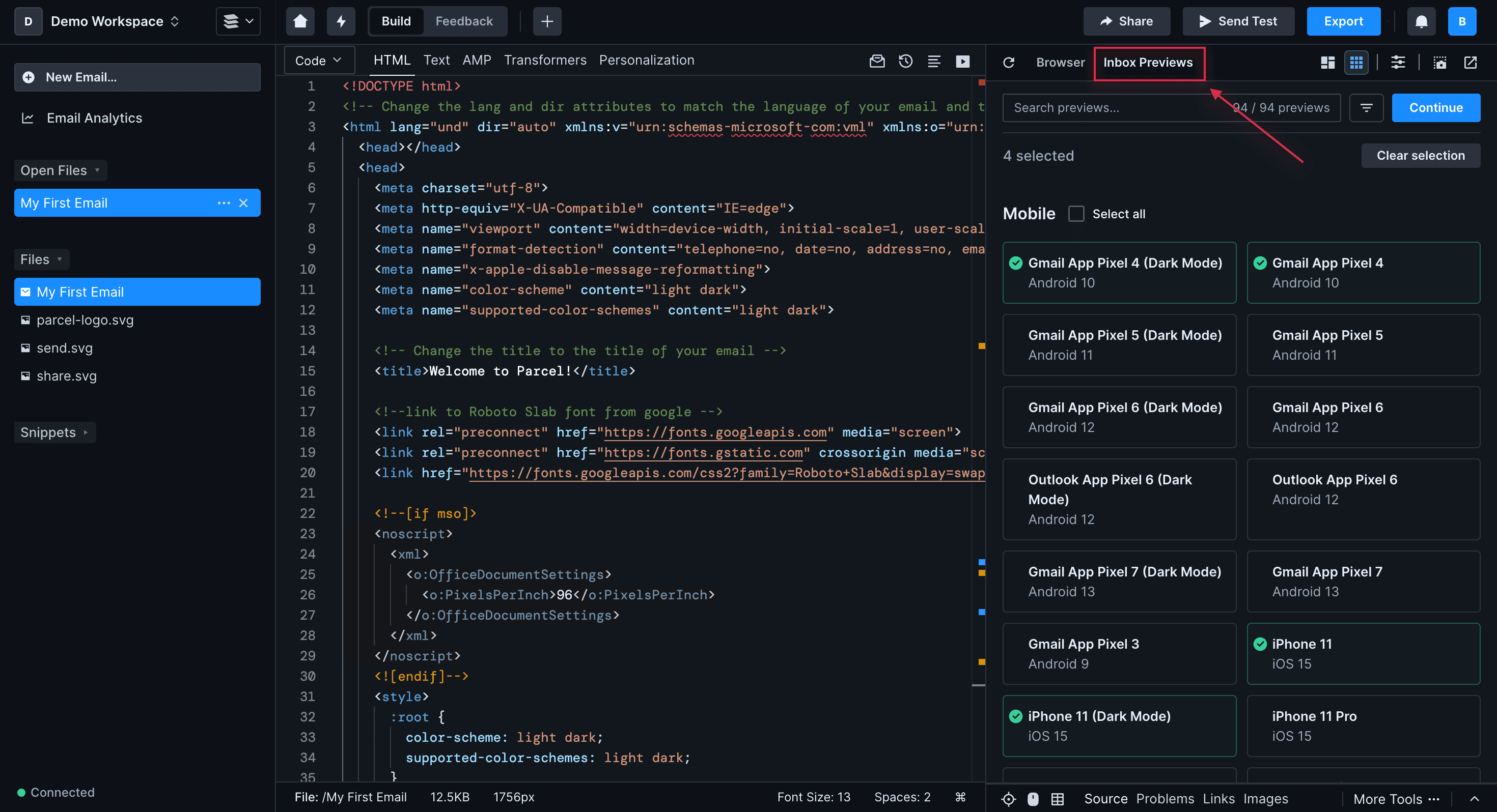 Screenshot of the Code Editor in the middle and the Inbox Previews open on the right. The Inbox Previews button is highlighted in red above the preview window. Four mobile devices are checked - a light and dark mode for Gmail on Android 10 and a light and dark mode for email oh iPhone 11 iOS 15.