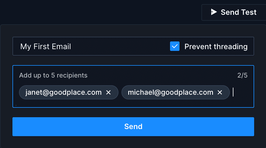 Up close image of the top right corner of the share page, showing the Send Test button and dialog. The email name, "My First Email" is displayed. A checkbox labeled "Prevent Threading" is checked to the right. Below is a text field with two email addresses and a "Send" button.