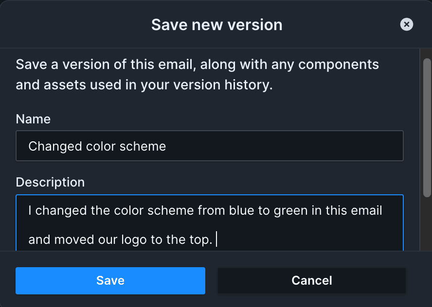 Up close image of the "Save a new version" dialog, which contains a text field for "Name" and another for "Description". Below are Save and Cancel buttons