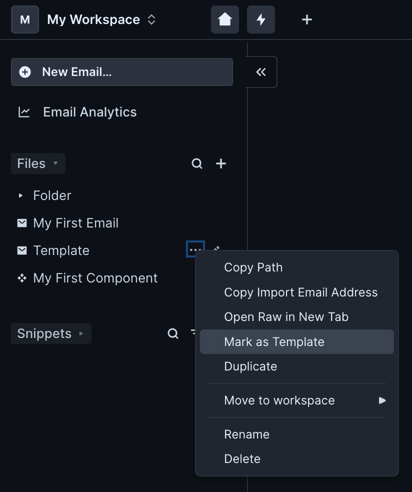 Under Files on the left hand menu, there is an email titled Template. The three dots to the right of the title are selected, which reveals a dropdown of options including Mark as Template.