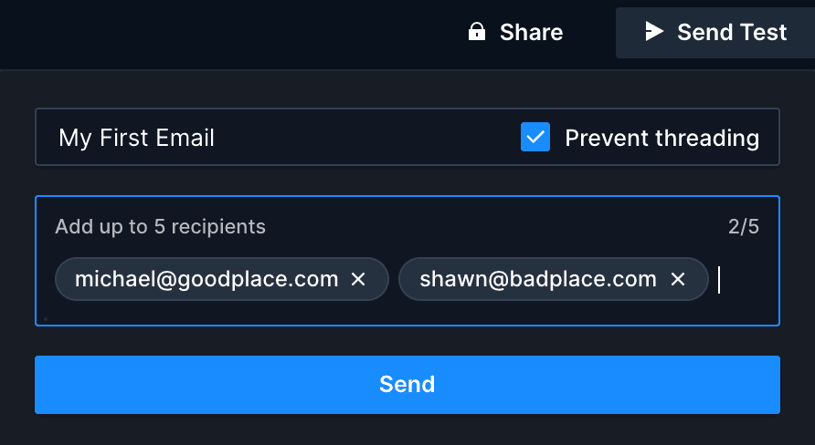 Up close image of the top right corner of the Parcel window, showing the Send Test button and dialog. The email name, "My First Email" is displayed. A checkbox labeled "Prevent Threading" is checked to the right. Below is a text field with two email addresses and a "Send" button.