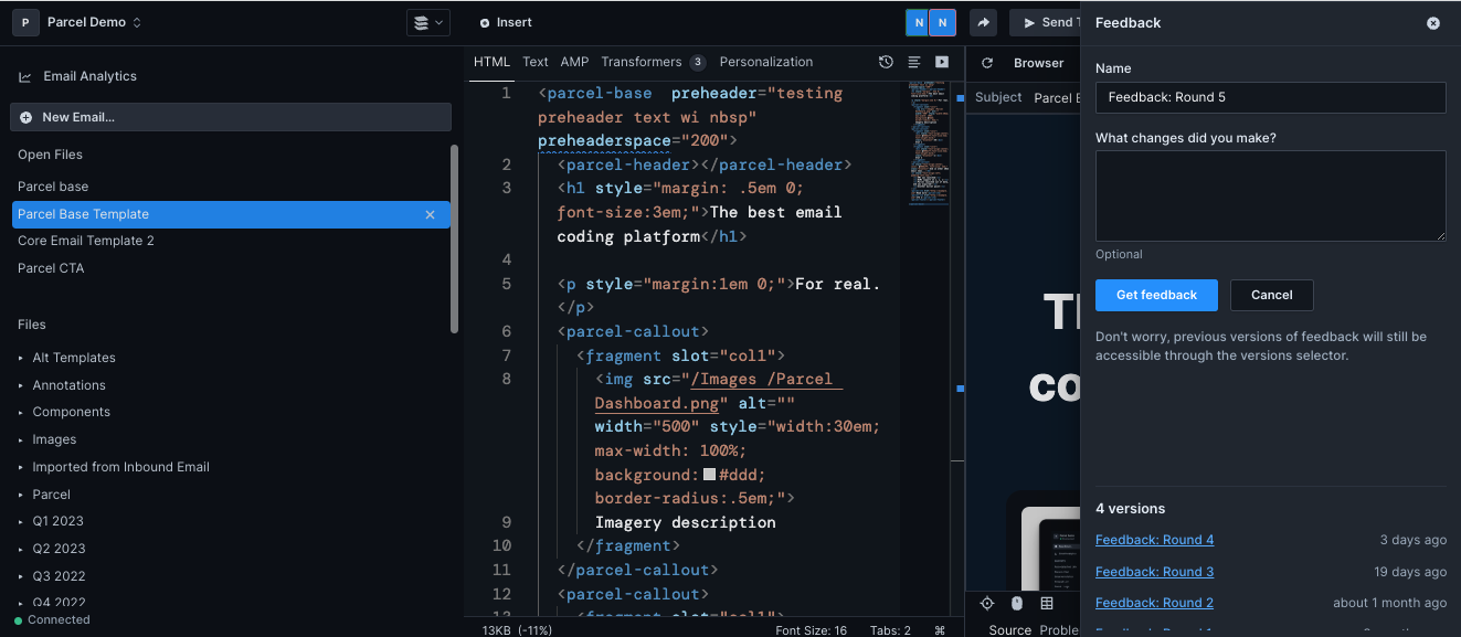 Screenshot showing the Parcel workspace with multiple versions of an email that has been shared to collect Feedback.