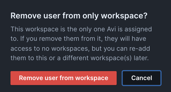 Up close image of the remove user confirmation dialog. It is titled "Remove user from only workspace?" and includes the following text: "This workspace is the only one Avi is assigned to. If you remove them from it, they will have access to no workspaces, but you can re-add them to this or a different workspace(s) later." Below is a red button labeled "Remove user from workspace" and a black "Cancel" button.